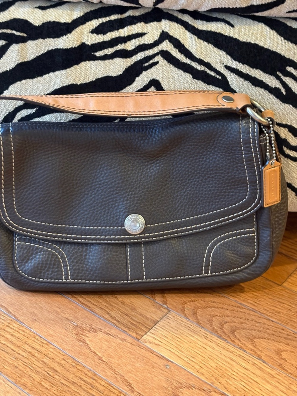 Coach Dark Brown Pebbled Leather Wristlet with Tan Strap